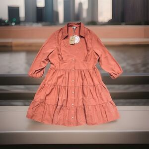 Umgee USA Mini Dress M Salmon V Neck 3/4 Sleeve Button Front Womens New NWT